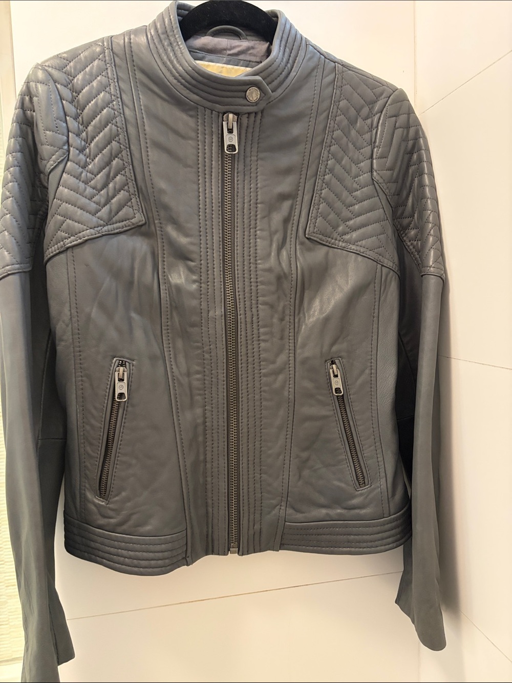 Michael Kors Womens Grey Quilted Leather Moto Jacket